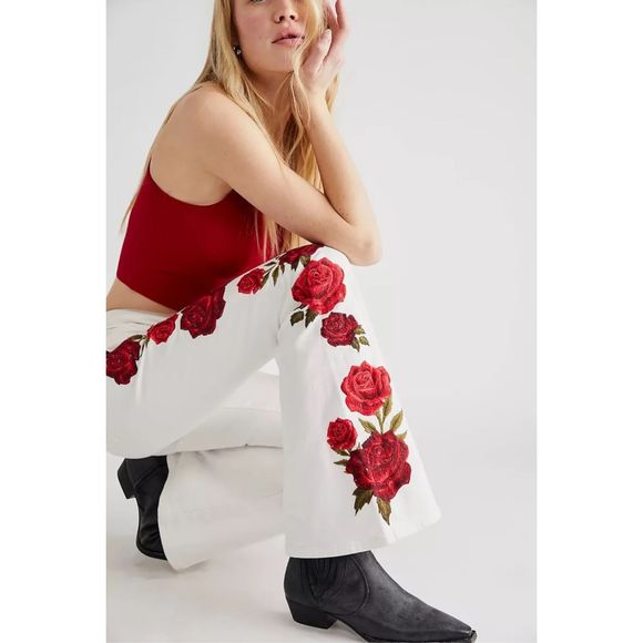 Free People Denim - Free People x Driftwood Farrah Embroidered Flare Jeans Size 27 White